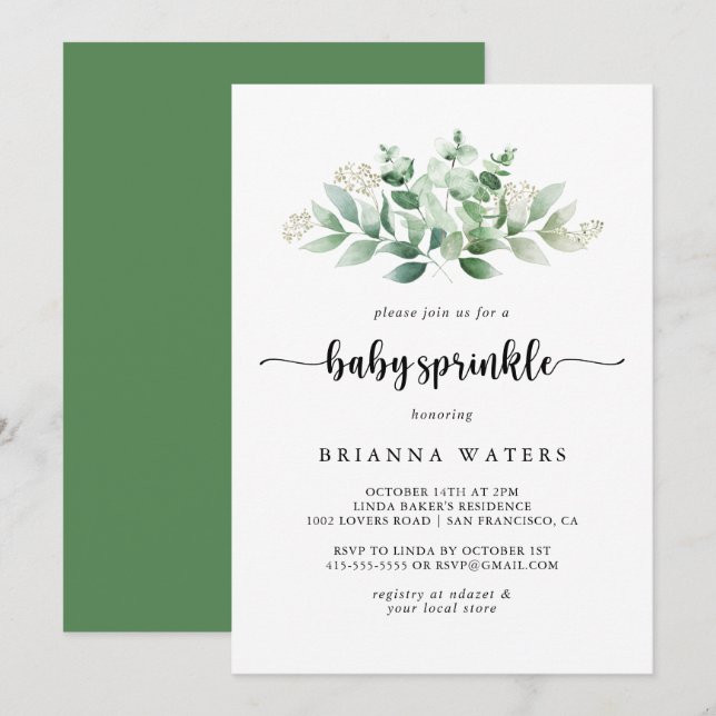 Invitation Calligraphie minimaliste Eucalyptus Baby Sprinking (Devant / Derrière)