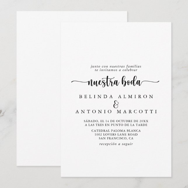 Invitation Calligraphie minimaliste Nuestra Boda Mariage (Devant / Derrière)