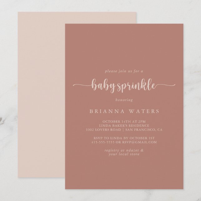 Invitation Calligraphie minimaliste Terracotta Baby Sprinkel (Devant / Derrière)