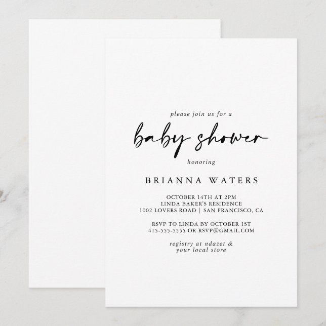 Invitation Calligraphie Moderne Baby shower élégant (Devant / Derrière)