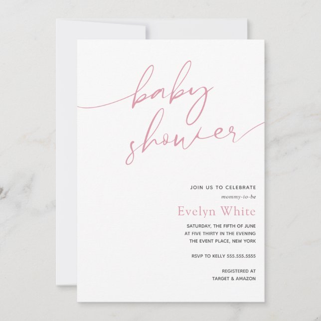 Invitation Calligraphie moderne Baby shower fille rose (Devant)