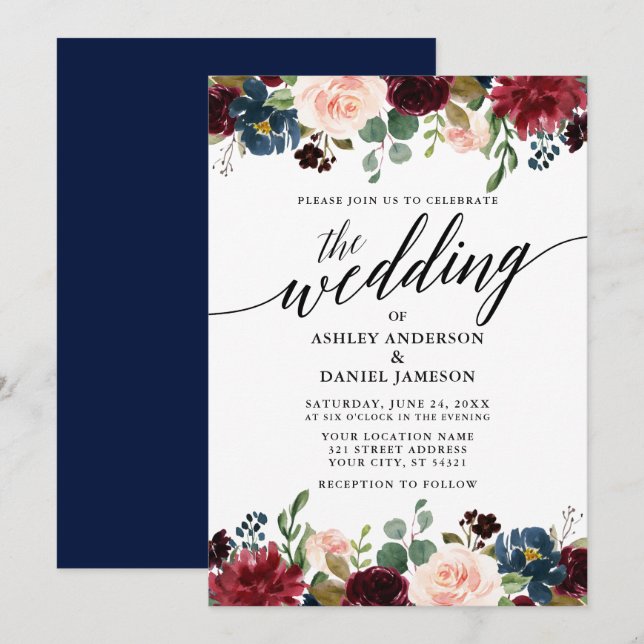 Invitation Calligraphie moderne Bourgogne Floral Mariage bleu (Devant / Derrière)