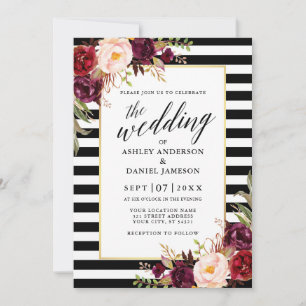 Invitation Calligraphie moderne Bourgogne Floral Mariage rayé