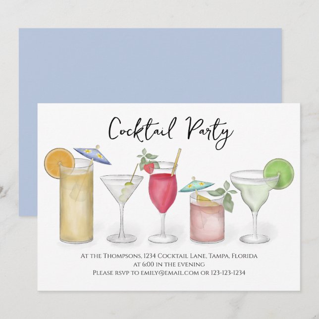 Invitation Calligraphie moderne Cocktails Boissons Aquarelle  (Devant / Derrière)