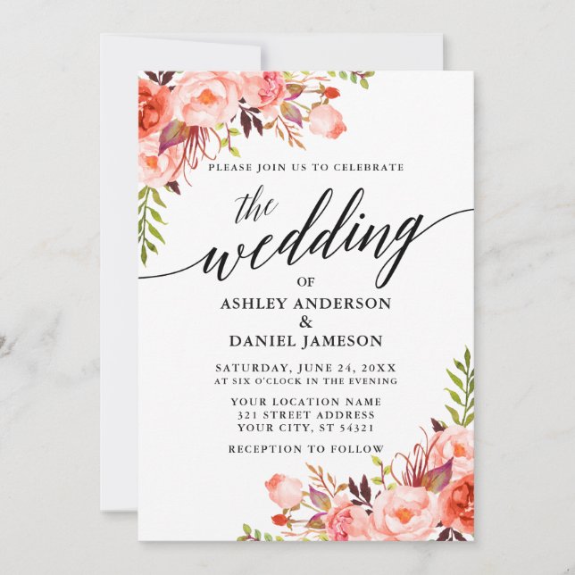 Invitation Calligraphie moderne Coral Floral Mariage (Devant)