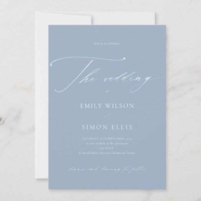 Invitation Calligraphie moderne élégante Dusty Blue (Devant)