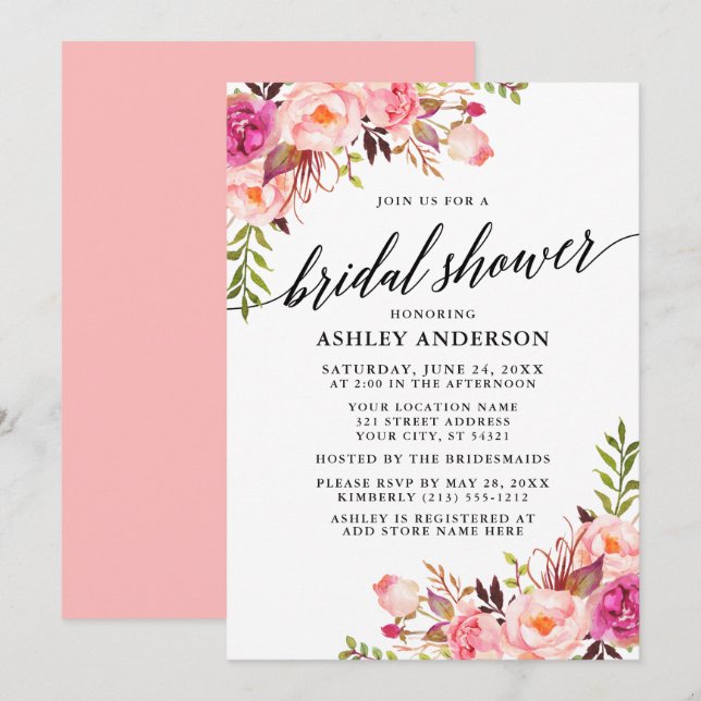 Invitation Calligraphie moderne Floral rose Fête des mariées (Devant / Derrière)