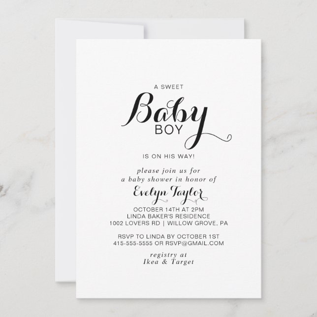 Invitation Calligraphie moderne Formal Baby Boy douche (Devant)