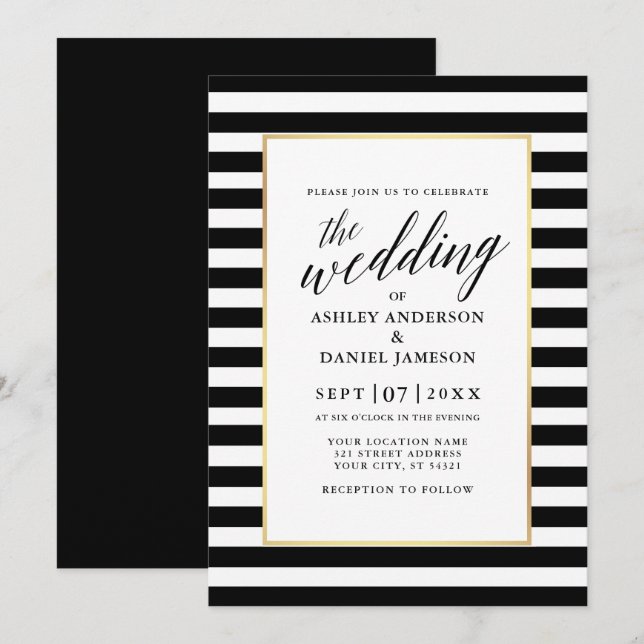 Invitation Calligraphie moderne Gold Frame Mariage rayé (Devant / Derrière)