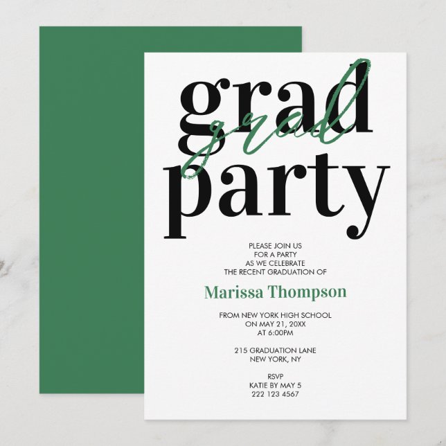 Invitation Calligraphie moderne Green Graduation Party (Devant / Derrière)