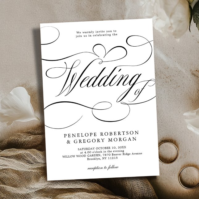 Invitation Calligraphie moderne intemporelle Noir blanc maria (Modern calligraphy timeless Black white wedding Invitation)