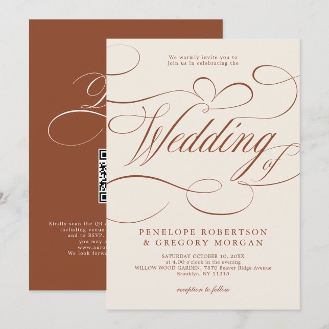 Invitation Calligraphie moderne Mariage en terre cuite intemp (Devant / Derrière)