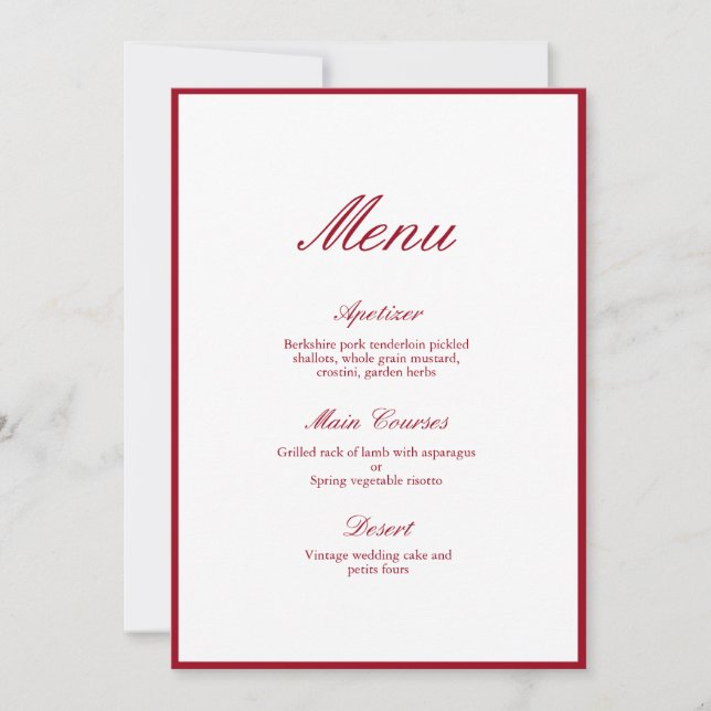Invitation Calligraphie moderne Menu Mariage rouge (Devant)