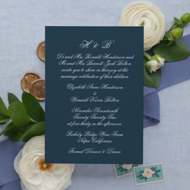 Invitation Calligraphie Monogramme Marine et blanc Mariage of (Créateur téléchargé)