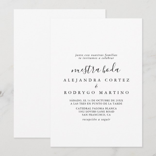 Invitation Calligraphie noir et blanc Nuestra Boda Mariage (Devant / Derrière)