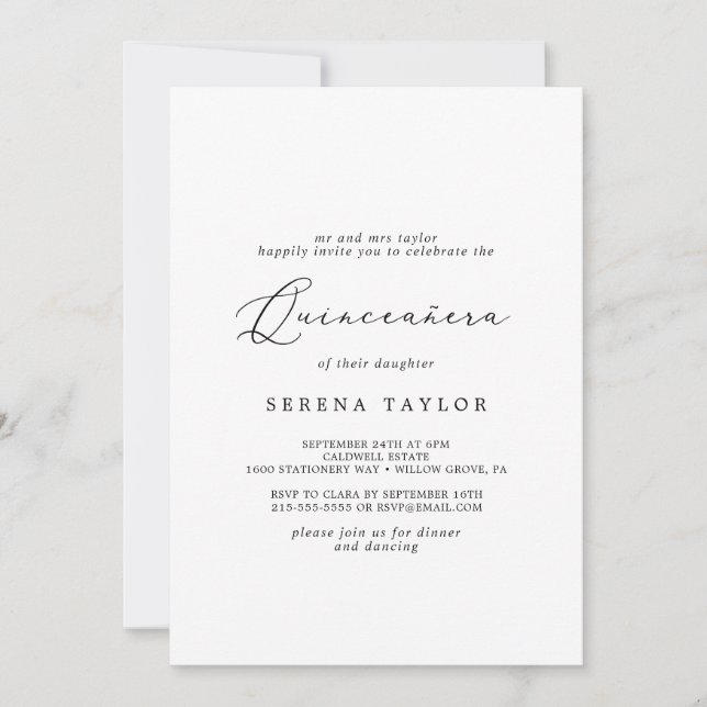 Invitation Calligraphie noire délicate Quinceañera (Devant)
