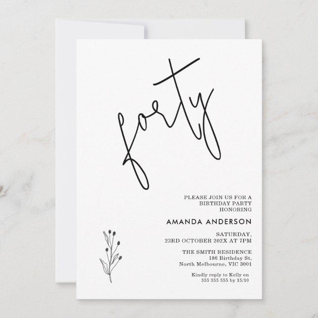 Invitation Calligraphie noire minimaliste Texte 40e anniversa (Devant)