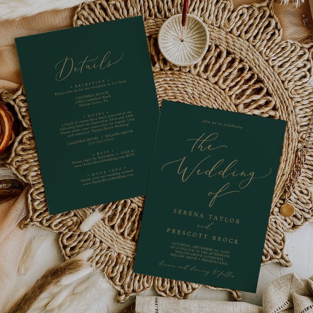 Invitation Calligraphie Or Délicat Vert Tout en un Mariage (Créateur téléchargé)