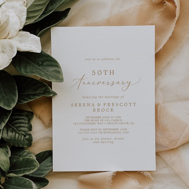 Invitation Calligraphie Or Delicate 50e anniversaire de Maria (Créateur téléchargé)