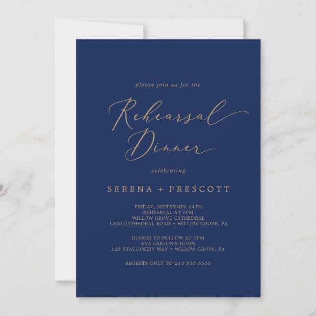 Invitation Calligraphie Or Délicate | Dîner de répétition de  (Devant)