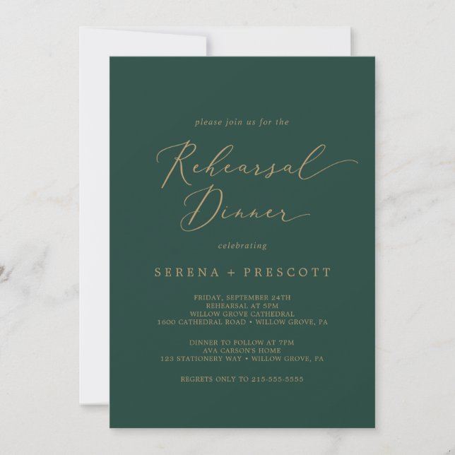 Invitation Calligraphie Or Délicate | Dîner de répétition ver (Devant)