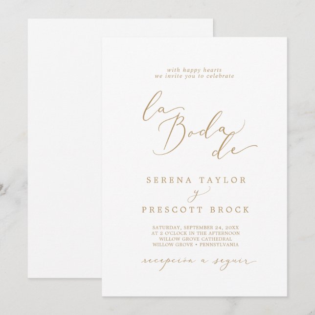 Invitation Calligraphie Or Delicate La Boda De Mariage (Devant / Derrière)
