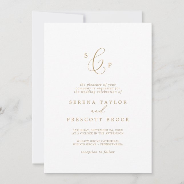 Invitation Calligraphie or délicate Mariage de monogramme off (Devant)