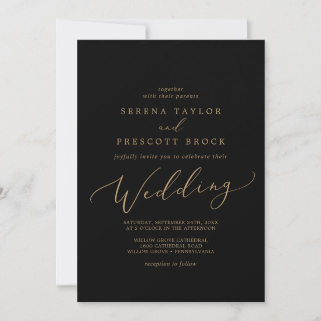 Invitation Calligraphie Or Délicate | Mariage noir (Devant)