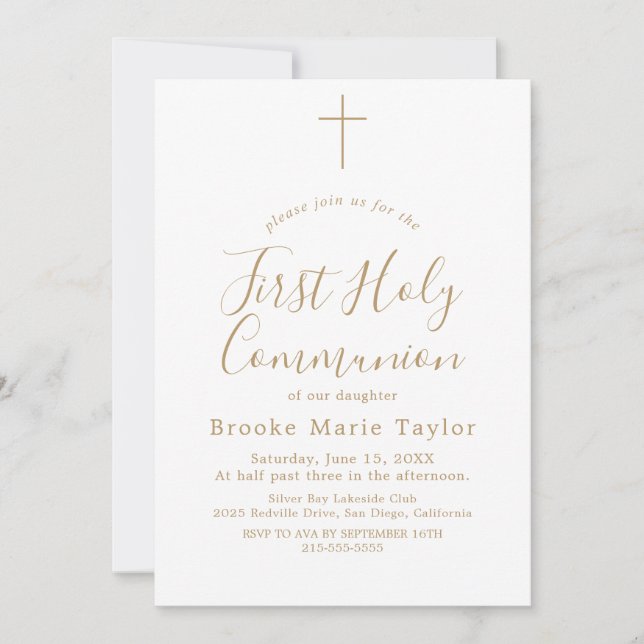 Invitation Calligraphie Or Delicée Première Communion Sainte (Devant)