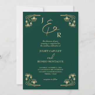 Invitation Calligraphie or élégant Art Déco sur mariage vert