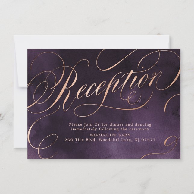 Invitation Calligraphie or mauve Moody réception mariage (Devant)