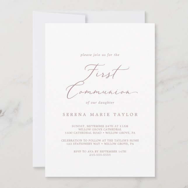 Invitation Calligraphie Or Rose Delicée Première Communion (Devant)