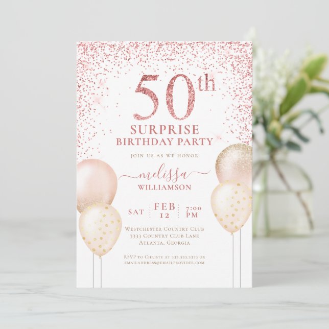 Invitation Calligraphie or rose Surprise 50e anniversaire (Debout devant)