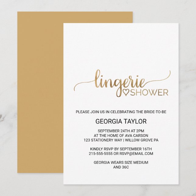 Invitation Calligraphie Or Simple Douche Lingerie (Devant / Derrière)