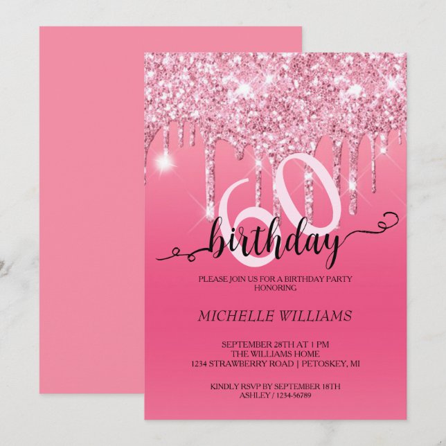Invitation Calligraphie Parties scintillant argent rose Anniv (Devant / Derrière)