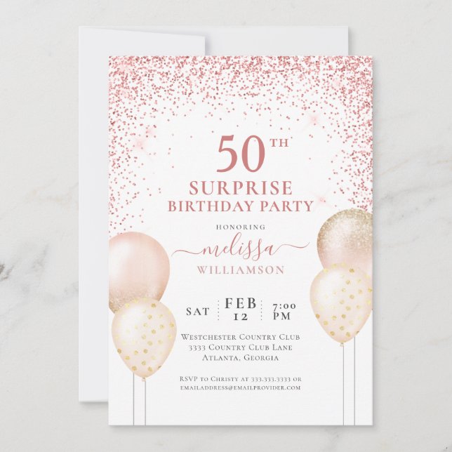 Invitation Calligraphie Parties scintillant rose Surprise 50e (Devant)