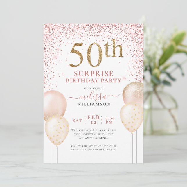 Invitation Calligraphie Parties scintillant rose Surprise 50e (Debout devant)