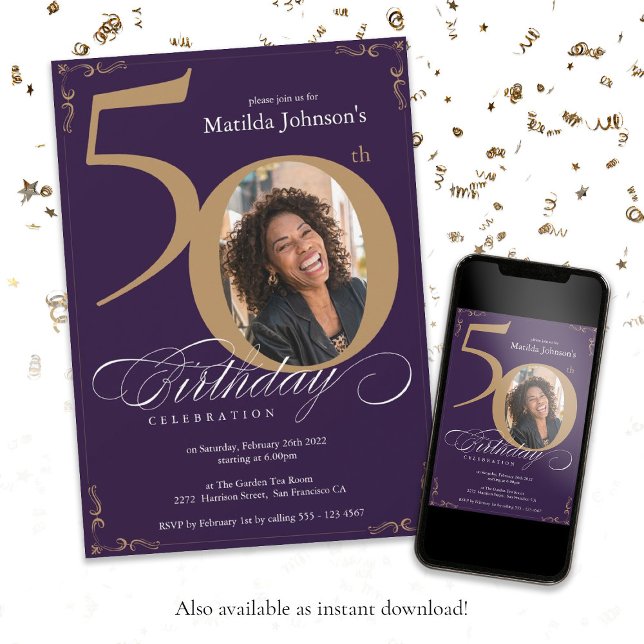 Invitation Calligraphie Photo personnalisée Gold Purple 50e a (Purple Gold 50th Birthday Calligraphy Custom Photo Invitation
)