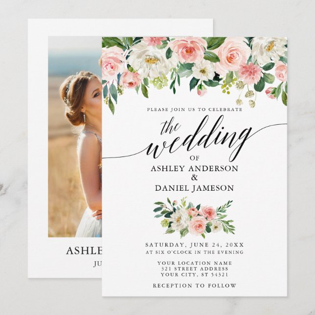 Invitation Calligraphie Pink Blush Floral Mariage photo (Devant / Derrière)