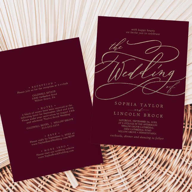 Invitation Calligraphie romantique Bourgogne Tout en un Maria (Créateur téléchargé)