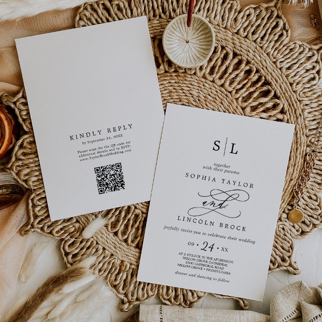 Invitation Calligraphie romantique Code QR Tout en un Mariage (Créateur téléchargé)