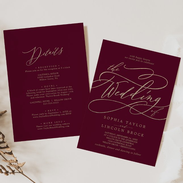 Invitation Calligraphie romantique de Bourgogne Mariage avant (Créateur téléchargé)