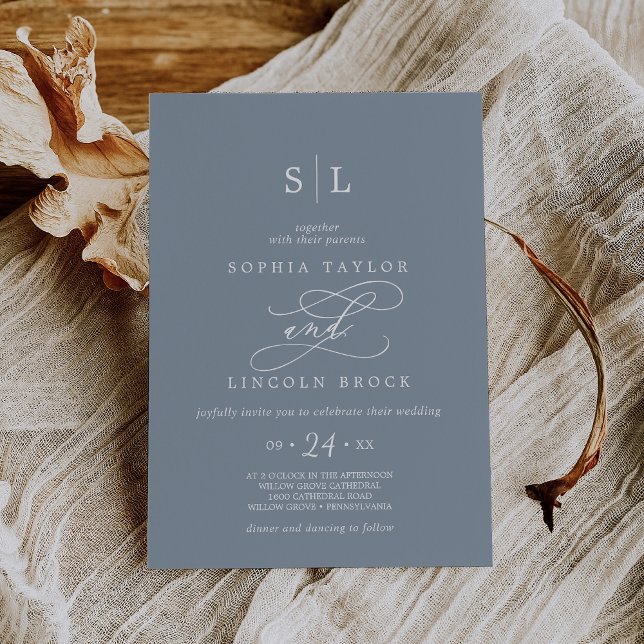 Invitation Calligraphie romantique Mariage de Monogramme bleu (Créateur téléchargé)