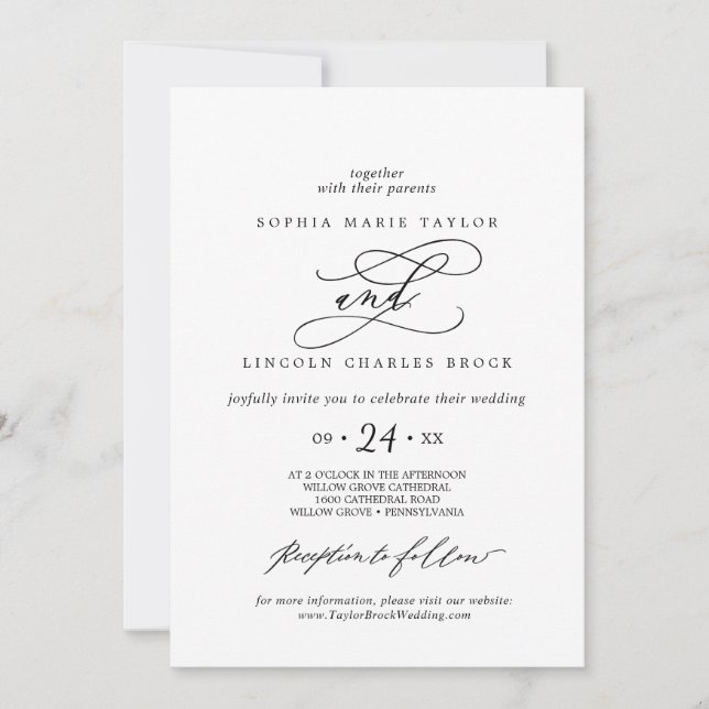 Invitation Calligraphie romantique | Nom complet Mariage flor (Devant)