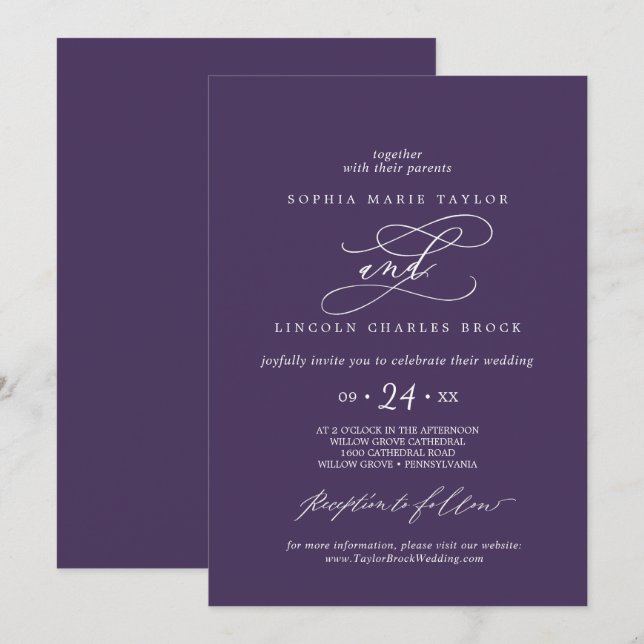 Invitation Calligraphie romantique Plum pourpre Mariage (Devant / Derrière)