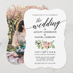 Invitation Calligraphie rose blanc Mariage photo