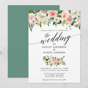 Invitation Calligraphie Rose Blush Floral Mariage vert