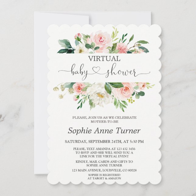 Invitation Calligraphie rose crème Baby shower virtuel (Devant)