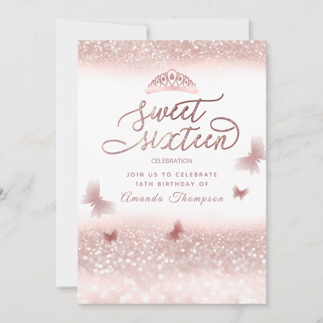 Invitation calligraphie rose de la tiare papillon d'or (Devant)
