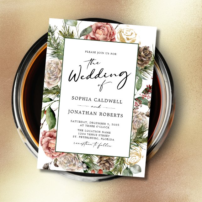 Invitation Calligraphie rose et pin Floral Mariage d'hiver (Roses and Pine Calligraphy Christmas Theme Floral Wedding Invitation)